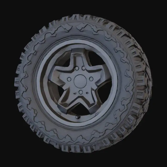 3D model for The object is a circular wheel with a jagged outer edge resembling tread, featuring a star-shaped pattern and circular central holes, giving it a rugged texture and geometric symmetry.