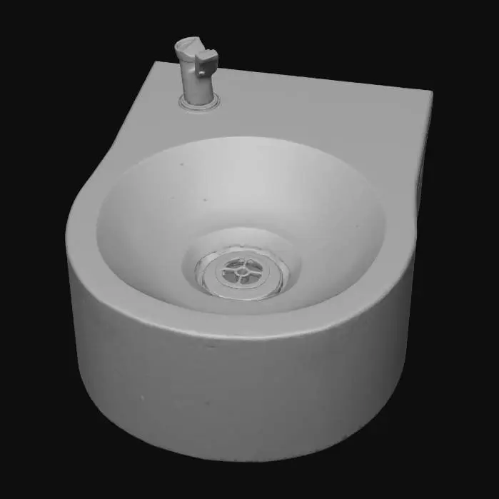 3D model for The object is a metallic, round water fountain with a smooth, reflective surface and a centered drainage hole.