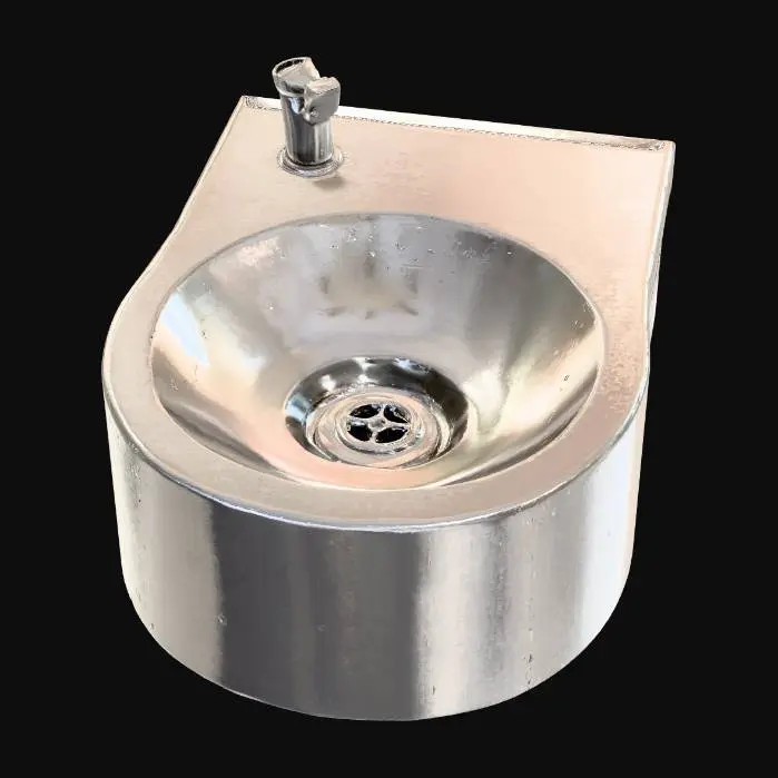 3D model for The object is a metallic, round water fountain with a smooth, reflective surface and a centered drainage hole.