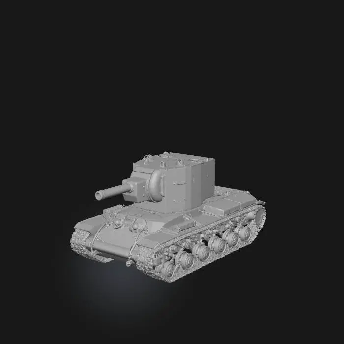 3D model for A meticulously detailed 3D model of a KV-2 heavy tank, rendered in a worn olive green finish with subtle weathering and scuffs. Its imposing, box-shaped turret and long main cannon are prominent, exhibiting realistic metallic textures and visible weld lines. The heavy tracks feature individual links, showing a dark, grimy metallic appearance with dust accumulation, contrasting with the painted hull. The overall structure is robust and angular, captured under soft, even lighting against a dark background.