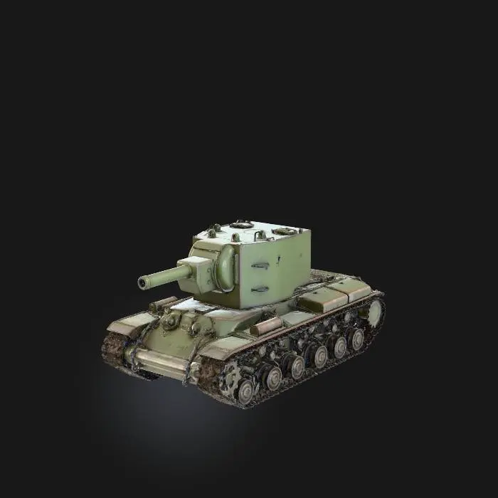3D model for A meticulously detailed 3D model of a KV-2 heavy tank, rendered in a worn olive green finish with subtle weathering and scuffs. Its imposing, box-shaped turret and long main cannon are prominent, exhibiting realistic metallic textures and visible weld lines. The heavy tracks feature individual links, showing a dark, grimy metallic appearance with dust accumulation, contrasting with the painted hull. The overall structure is robust and angular, captured under soft, even lighting against a dark background.