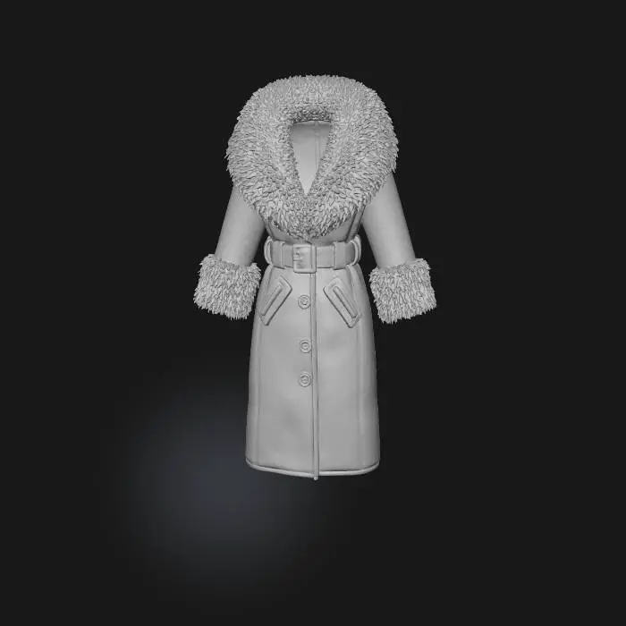 3D model for Long leather winter coat in light khaki green with mocha brown Mongolian fur collar and cuffs. The coat has a belt, side pockets and buttons. The coat is displayed floating.