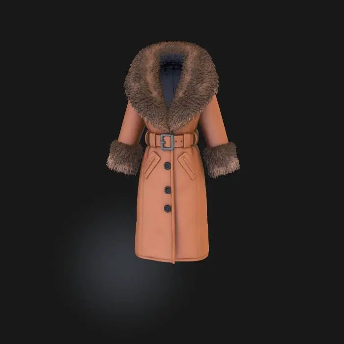 3D model for Long leather winter coat in light khaki green with mocha brown Mongolian fur collar and cuffs. The coat has a belt, side pockets and buttons. The coat is displayed floating.