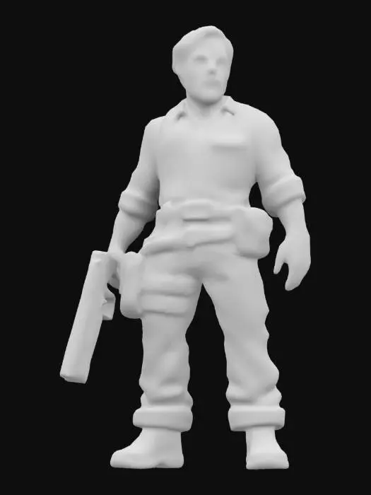3D model for create a 3D rig of a veteran survivor with short wavy hair
and short red fullbeard, holding a gun, with a shirt highly detailed. The character should have realistic, aged and convincing features , a powering posture. Well-proportioned. Clearly defined features. Highly detailed. Highly stylized. Walls and features are at least 2mm thick. Bold, recessed features with a depth of at least 2mm. Sharp, clean lines. Embossed features to rise at least 2mm above the surface.