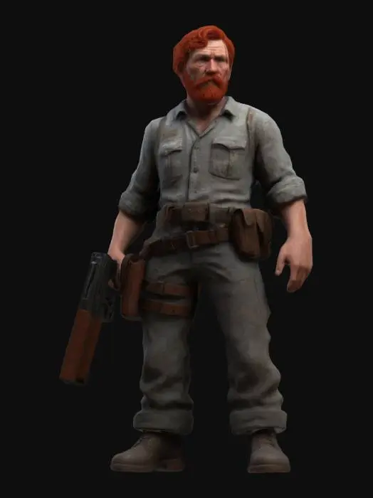 3D model for create a 3D rig of a veteran survivor with short wavy hair
and short red fullbeard, holding a gun, with a shirt highly detailed. The character should have realistic, aged and convincing features , a powering posture. Well-proportioned. Clearly defined features. Highly detailed. Highly stylized. Walls and features are at least 2mm thick. Bold, recessed features with a depth of at least 2mm. Sharp, clean lines. Embossed features to rise at least 2mm above the surface.