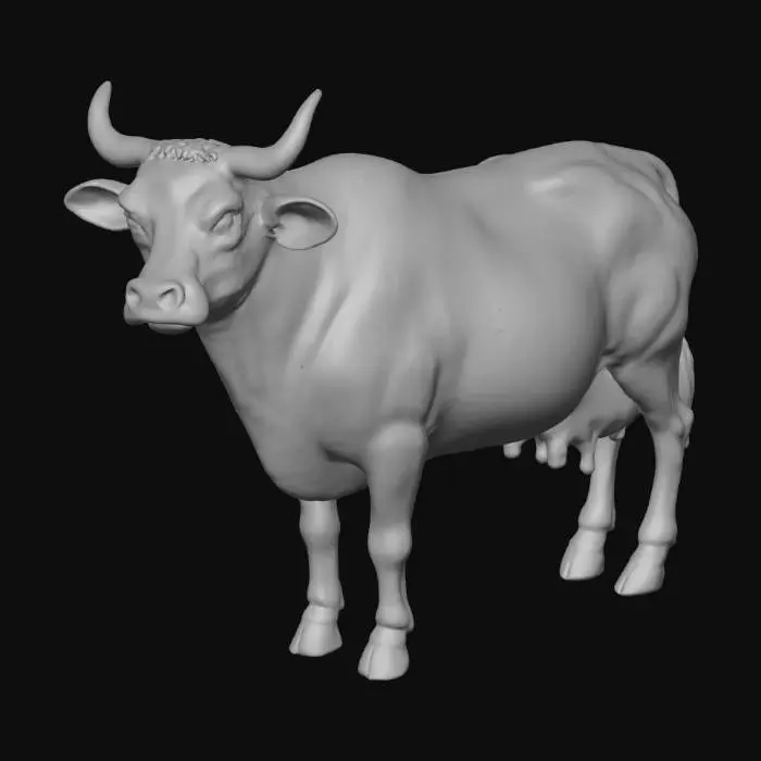 3D model for Create an ultra-realistic 3D model of an adult domestic cow in a calm standing pose. The cow has a broad chest, muscular shoulders, smooth belly, and gentle curvature along the back. Fur is short, fine, and naturally glossy, colored white with large light brown patches. The head is proportionate with a wide forehead, moist dark muzzle, visible nostrils, and expressive brown eyes with long lashes. Medium curved horns lighten toward the tips; ears soft with inner fur. Include a detailed udder, subtle skin folds, veins, and muscle tone beneath the hide. Legs are sturdy with joint definition and dark hooves; tail medium-length with dark tuft. Use 4K PBR textures—albedo, normal, roughness, metallic—for lifelike shading and realistic daylight reflection.