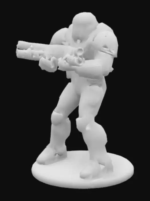 3D model for Create a model of Doomguy with a BFG 9000, The object is a highly detailed action figure featuring a futuristic armored character with a textured green and metallic finish, holding a large, intricately designed weapon, and posed dynamically on a transparent stand.