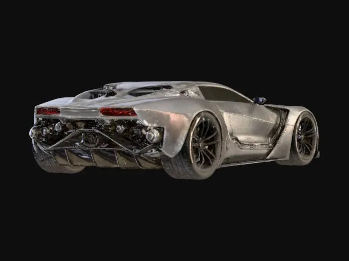3D model for futuristic brutalist sports car, low wide aggressive stance, long front hood, cabin set far back, front-engine proportions, low roofline, exposed mechanical parts, visible bolts and cables, raw metal panels with scratches and welded seams, industrial design, cinematic lighting, hyper-detailed concept art, rear three-quarter view, photorealistic, ultra high resolution