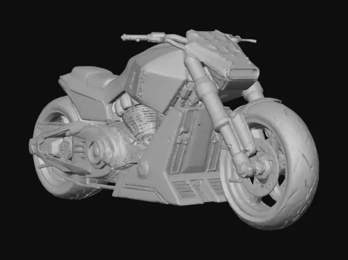3D model for futuristic brutalist cruiser motorbike, low and wide agressive stance, exposed mechanical parts, defined details, proffesional lighting