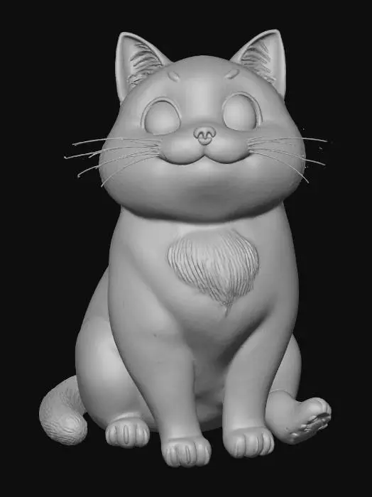 3D model for A beautiful black cat with a white mark on the neck, green eyes, sitting pose, a little chubby. Cartoon Style.