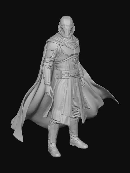 3D model for An explorer from a different galaxy, wearing tactical armor with robes on top, inspired by Anakin Skywalker, this character travels with long boots and a flowing cape. Requirement: Detailed full body image, semi-realistic sci-fi style design, no weapons.