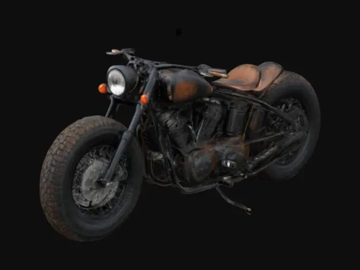 3D model for b spoke bobber motorcycle, rusted black paint, big off-road tires 