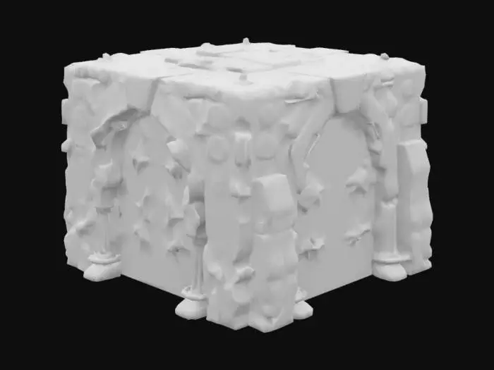 3D model for An imposing, ancient Abyssal Door: a colossal obsidian slab etched with shifting, indecipherable glyphs. Faint red fissures pulse like veins beneath its surface, casting an eerie, sickly glow. Void of handles or keyholes, its silent presence seems to watch as a low, rhythmic thumping vibrates the air—while the cryptic symbols twist into haunting shapes upon prolonged gaze.