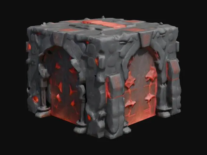 3D model for An imposing, ancient Abyssal Door: a colossal obsidian slab etched with shifting, indecipherable glyphs. Faint red fissures pulse like veins beneath its surface, casting an eerie, sickly glow. Void of handles or keyholes, its silent presence seems to watch as a low, rhythmic thumping vibrates the air—while the cryptic symbols twist into haunting shapes upon prolonged gaze.