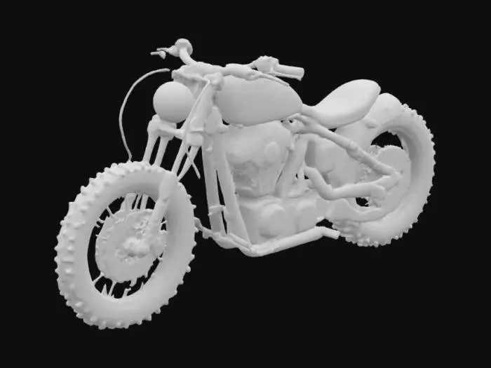 3D model for The object is a motorcycle with a sleek, low-slung frame spikes all over body, wide offroad chained tires, and a rusted matte texture finish.
