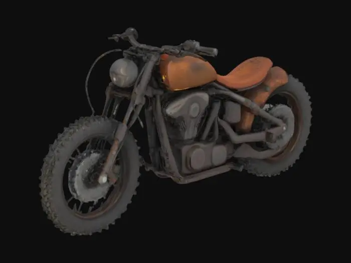 3D model for The object is a motorcycle with a sleek, low-slung frame spikes all over body, wide offroad chained tires, and a rusted matte texture finish.