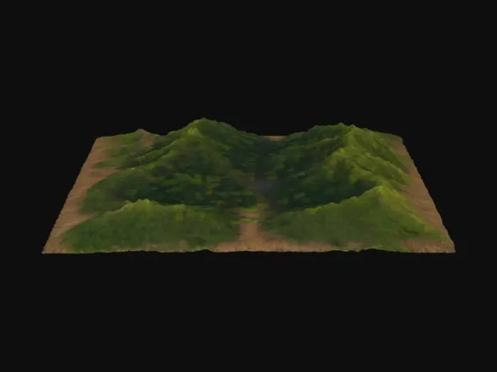 3D model for detailed hills covered in forest the middle, detailed, trees, dirt, tall grass, high hills, detailed render 4k