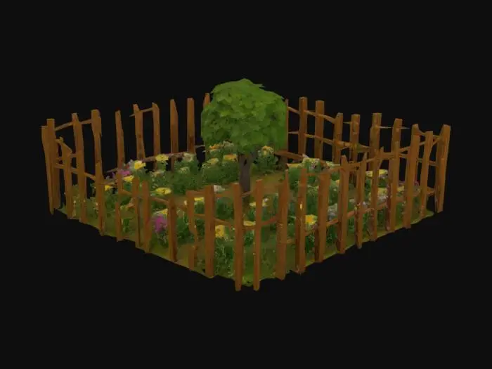 3D model for a classic video game garden, bountiful, pretty organized and uniform flowers,  tree, surrounded by a wooden fence ps2 graphics, simple, #garden#