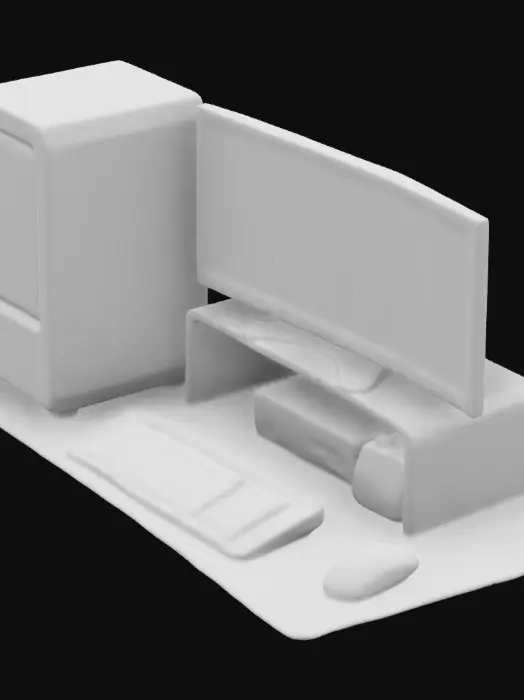 3D model for A rugged beige tower with a bulky CRT monitor sits beside a sleek RGB-lit gaming rig, its tempered glass revealing pulsing neon hardware. A second ultrawide LED screen hovers over the CRT, creating a clash of past and future. A mechanical keyboard, blending vintage beige keys with RGB backlighting, rests on a large mouse pad, alongside a high-DPI gaming mouse. Wires snake between eras, merging the nostalgic hum of an old fan with the silent efficiency of modern cooling.