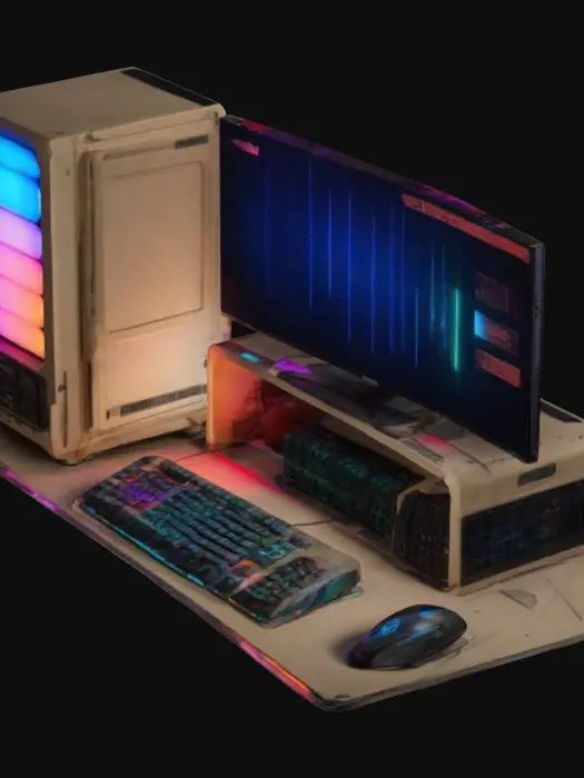 3D model for A rugged beige tower with a bulky CRT monitor sits beside a sleek RGB-lit gaming rig, its tempered glass revealing pulsing neon hardware. A second ultrawide LED screen hovers over the CRT, creating a clash of past and future. A mechanical keyboard, blending vintage beige keys with RGB backlighting, rests on a large mouse pad, alongside a high-DPI gaming mouse. Wires snake between eras, merging the nostalgic hum of an old fan with the silent efficiency of modern cooling.