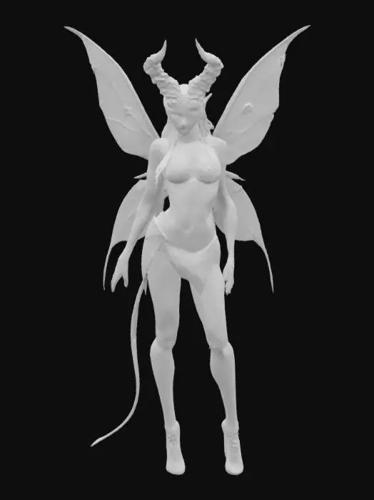 3D model for fantasy demonic fairy, slim elegant body, light micro skirt, skirt studded , long and well-groomed hair, highly detailed face, extremely detailed, high resolution texture, ultra realistic, epic stance, #fairy#