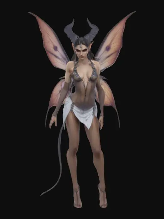 3D model for fantasy demonic fairy, slim elegant body, light micro skirt, skirt studded , long and well-groomed hair, highly detailed face, extremely detailed, high resolution texture, ultra realistic, epic stance, #fairy#