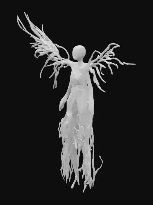 3D model for A storm of shimmering glass, spiraling inward with whispers of forgotten colors. Eyes blink in patterns of sound, tracing paths through invisible webs. Wings, woven from fragmented time, unfurl in silent arcs, scattering shards of light. The air hums with untold possibilities, bending like liquid thought. A figure stands in the void, neither here nor there, an echo of motion, suspended between moments. It is neither seen nor unseen, but felt in the stillness between breaths.