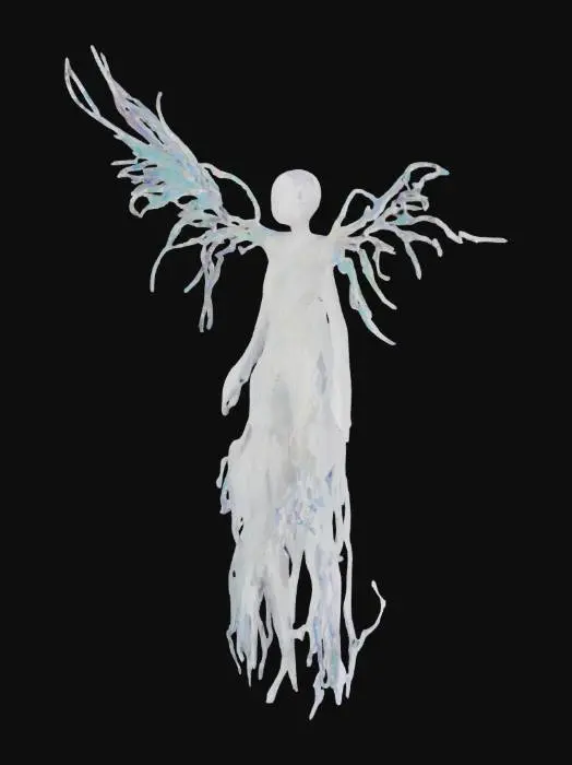 3D model for A storm of shimmering glass, spiraling inward with whispers of forgotten colors. Eyes blink in patterns of sound, tracing paths through invisible webs. Wings, woven from fragmented time, unfurl in silent arcs, scattering shards of light. The air hums with untold possibilities, bending like liquid thought. A figure stands in the void, neither here nor there, an echo of motion, suspended between moments. It is neither seen nor unseen, but felt in the stillness between breaths.