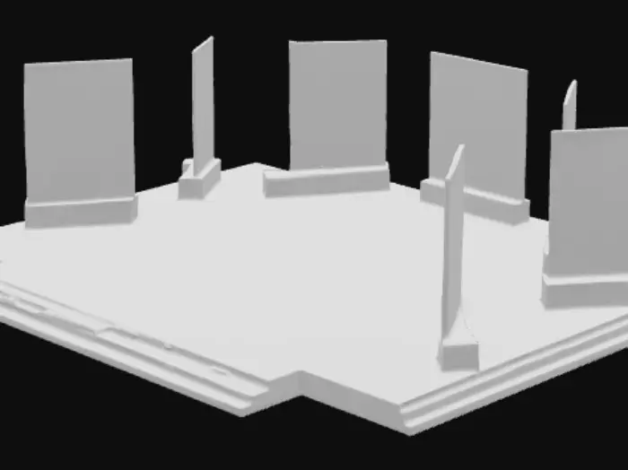 3D model for Wide shot of an outdoor night festival stage, with five glowing digital screens arranged as an art installation. A large crowd of people in front, seen as dark silhouettes. Bright colorful light beams shoot into the night sky, with haze and atmospheric depth, cinematic perspective.