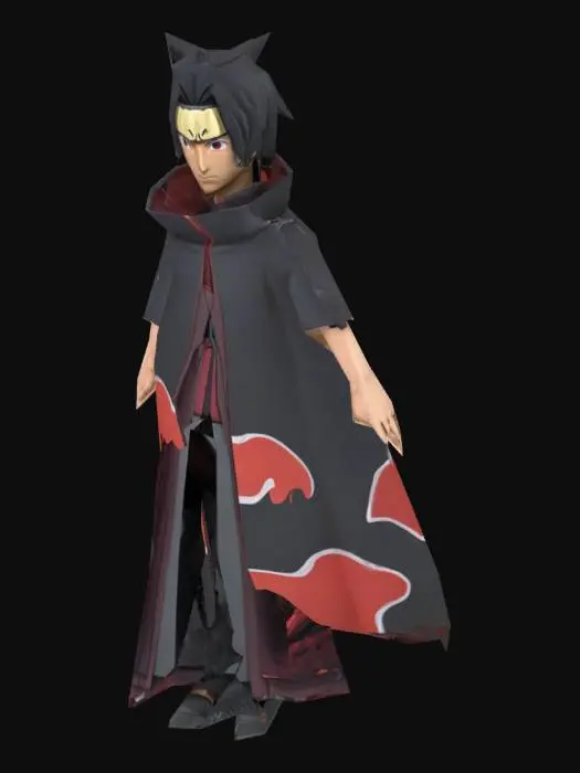 3D model for A full-body 3D character model of Itachi Uchiha from the Naruto series, created in a stylized anime aesthetic but with high-quality detail.
Specifications:
Polycount: Optimized, medium-poly count for pc game Unreal Engine. The model should have clean topology and not be overly complex to avoid issues.
Pose: The character must be in a strict T-pose to be ready for rigging.
Textures: UVs should be unwrapped and non-overlapping.
Character Details:
Face: A calm, stoic expression. His eyes must clearly show the Mangekyō Sharingan pattern.
Hair: His standard black hairstyle, parted in the middle with bangs that frame his face.
Attire: He is wearing the standard Akatsuki cloak, which should be black with the iconic red cloud pattern. The cloak should have a high collar that comes up to his chin.