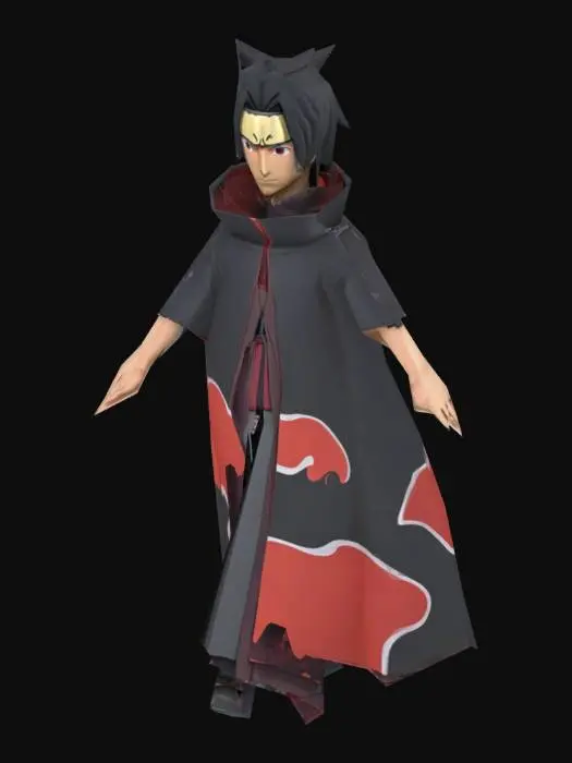 3D model for A full-body 3D character model of Itachi Uchiha from the Naruto series, created in a stylized anime aesthetic but with high-quality detail.
Specifications:
Polycount: Optimized, medium-poly count for pc game Unreal Engine. The model should have clean topology and not be overly complex to avoid issues.
Pose: The character must be in a strict T-pose to be ready for rigging.
Textures: UVs should be unwrapped and non-overlapping.
Character Details:
Face: A calm, stoic expression. His eyes must clearly show the Mangekyō Sharingan pattern.
Hair: His standard black hairstyle, parted in the middle with bangs that frame his face.
Attire: He is wearing the standard Akatsuki cloak, which should be black with the iconic red cloud pattern. The cloak should have a high collar that comes up to his chin.