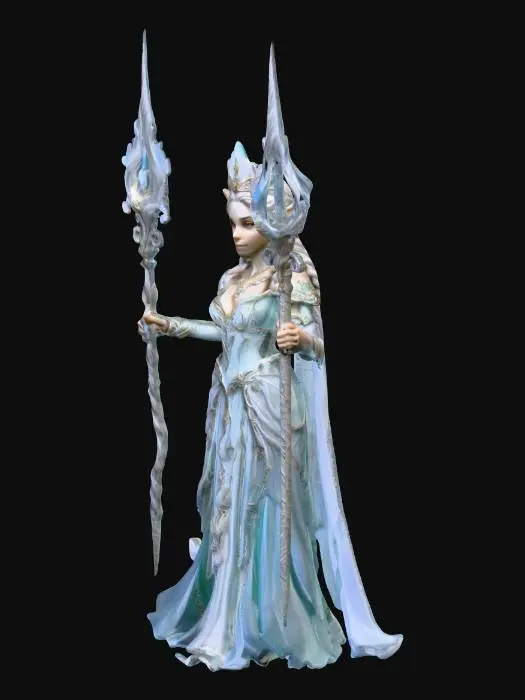 3D model for Highly detailed fantasy miniature sculpt of an elf healer princess. Elegant and gentle appearance, wearing flowing royal dress with layered fabric, crown or tiara, and delicate jewelry. Slender build, graceful posture. One hand holding a glowing healing staff or crystal, the other raised casting healing magic. Expression kind, calm, and confident. Long flowing hair with braids or curls. Subtle magical glow elements around hands. Princess aesthetic but clearly a powerful healer. Fantasy stone base with flowers and soft magical runes. Tabletop miniature style, high detail sculpt, watertight STL, resin printable, no thin fragile parts.