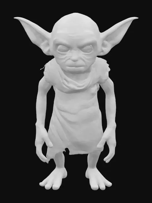 3D model for A small, gaunt house-elf character with large, pointed bat-like ears and prominent, vibrant green eyes. Its skin is a pale, wrinkled, and somewhat leathery texture, stretching tightly over a fragile, bony frame. The overall posture is often slightly hunched or deferential. It wears a simple, tattered pillowcase of a dull, off-white or grayish hue, draped loosely over its body, suggesting a coarse, worn fabric. Its delicate, spindly fingers and feet are also noticeably long and thin.