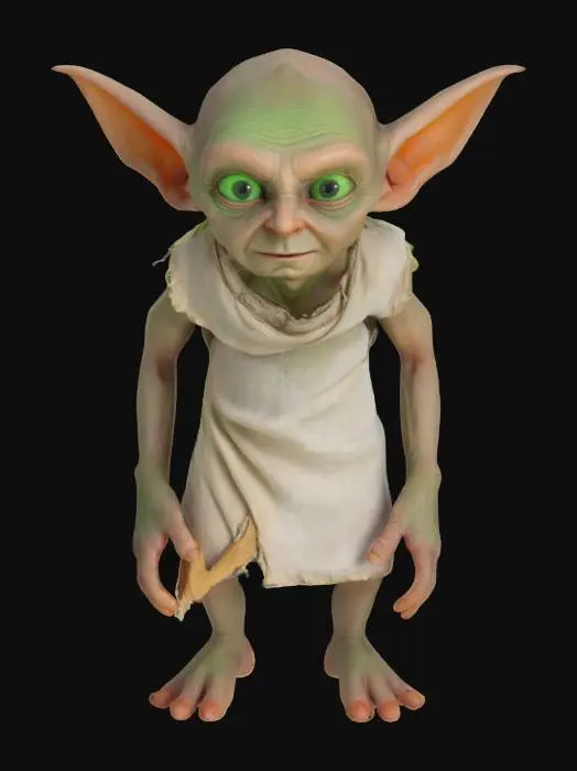 3D model for A small, gaunt house-elf character with large, pointed bat-like ears and prominent, vibrant green eyes. Its skin is a pale, wrinkled, and somewhat leathery texture, stretching tightly over a fragile, bony frame. The overall posture is often slightly hunched or deferential. It wears a simple, tattered pillowcase of a dull, off-white or grayish hue, draped loosely over its body, suggesting a coarse, worn fabric. Its delicate, spindly fingers and feet are also noticeably long and thin.
