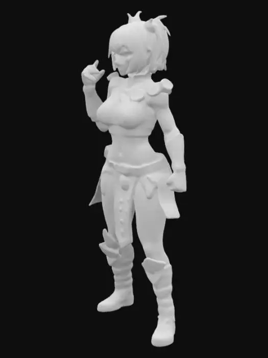 3D model for highly detailed 3D model of a female warrior inspired by Chun-Li, designed for 3D printing. She has a distinctive bob-cut hairstyle with thick bangs, a strong yet feminine physique with wide hips and a slim waist. She wears a modernized combat outfit with intricate textures and folds, emphasizing a powerful stance. Her muscular legs and dynamic pose showcase her agility and strength. The model is optimized for 3D printing, ensuring clean details and proper support structures.