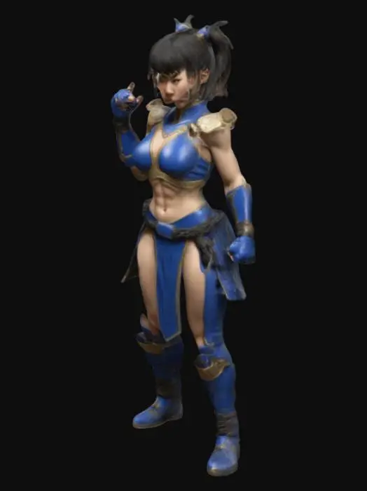 3D model for highly detailed 3D model of a female warrior inspired by Chun-Li, designed for 3D printing. She has a distinctive bob-cut hairstyle with thick bangs, a strong yet feminine physique with wide hips and a slim waist. She wears a modernized combat outfit with intricate textures and folds, emphasizing a powerful stance. Her muscular legs and dynamic pose showcase her agility and strength. The model is optimized for 3D printing, ensuring clean details and proper support structures.