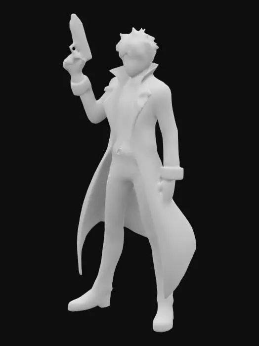3D model for anime male , style similar to zenless zone zero, character is a gun wielder, with black long coat 