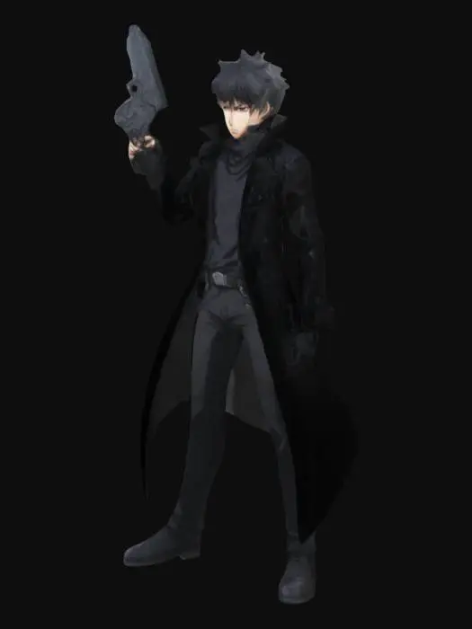 3D model for anime male , style similar to zenless zone zero, character is a gun wielder, with black long coat 