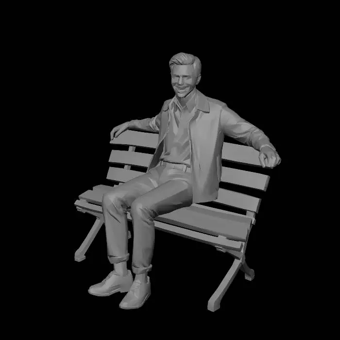 3D model for A realistic bronze sculpture of a friendly, smiling man sitting on the far left side of a wooden park bench. The bench looks like real painted wood with visible grain and is cast in bronze, with four legs standing directly on the ground. There is no pedestal, no base, no plinth — just the bench and the man as one solid object. The right half of the bench is completely empty and inviting. The man is relaxed, leaning back comfortably, with both arms stretched out to the sides and resting along the top of the backrest. This pose makes it look like he is warmly inviting someone to sit next to him, as if giving a gentle side-hug. He wears simple, casual modern clothes and trainers. His expression is kind and welcoming. Style: photorealistic outdoor street sculpture, dark bronze with subtle gree