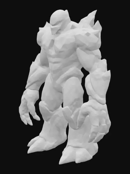 3D model for A colossal, humanoid golem forged from jagged, obsidian-like rock, its surface is deeply fissured with glowing orange-red cracks, resembling molten lava. Its immense, blocky limbs are asymmetrical, hinting at raw power. The texture is rough and abrasive, with sharp, protruding crystalline shards, especially on its shoulders and fists. Its head is a solid, unyielding mass with two fiery, slit-like eyes that burn with intense, wrathful energy.