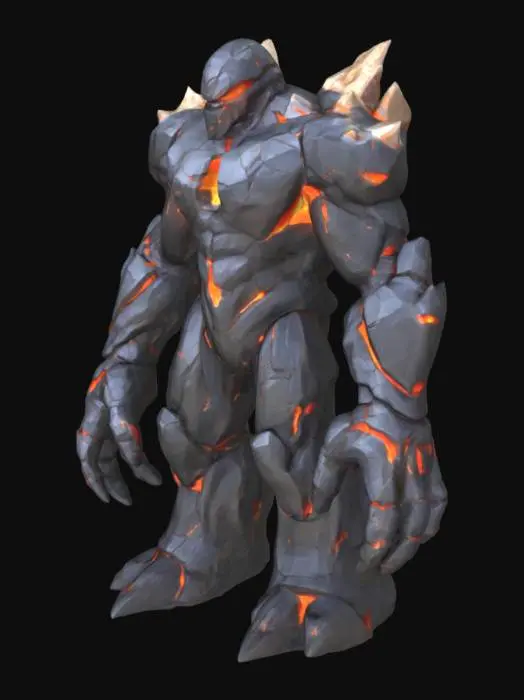 3D model for A colossal, humanoid golem forged from jagged, obsidian-like rock, its surface is deeply fissured with glowing orange-red cracks, resembling molten lava. Its immense, blocky limbs are asymmetrical, hinting at raw power. The texture is rough and abrasive, with sharp, protruding crystalline shards, especially on its shoulders and fists. Its head is a solid, unyielding mass with two fiery, slit-like eyes that burn with intense, wrathful energy.