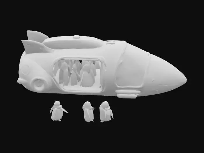 3D model for A futuristic spaceship where you can see the inside and it is ran by penguins and there are penguins in spacesuits out of the ship