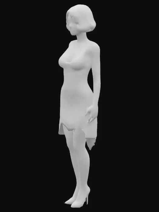 3D model for A 3D model of a slim, tall female character in her early 20s. She has blond hair, natural skin tone, and subtle makeup. Dressed in a 1920s era flapper dress with realistic human anatomy. Includes PBR textures, detailed hair, realistic skin shadows, and soft lighting. Optimized for high-quality 3D printing. The dress features a form-fitting, geometric-patterned dress with a sleeveless design, embellished with sequins and fringe detailing, giving it a textured, vintage elegance.