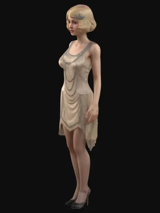 3D model for A 3D model of a slim, tall female character in her early 20s. She has blond hair, natural skin tone, and subtle makeup. Dressed in a 1920s era flapper dress with realistic human anatomy. Includes PBR textures, detailed hair, realistic skin shadows, and soft lighting. Optimized for high-quality 3D printing. The dress features a form-fitting, geometric-patterned dress with a sleeveless design, embellished with sequins and fringe detailing, giving it a textured, vintage elegance.