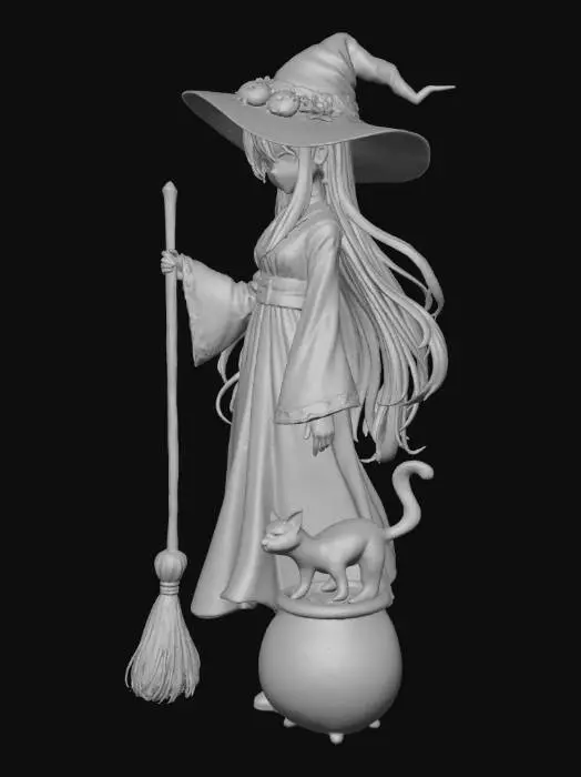 3D model for 3D anime style witch character. She is very beautiful, standing upright, holding a broom in one hand. Beside her is a bubbling cauldron. A fluffy black cat with bright orange eyes is perched on her shoulder. She wears a dark, elegant witch hat decorated with small pumpkins and autumn leaves, and her long dark hair flows around her shoulders. Her expression is captivating and slightly mysterious. Realistic anime rendering.