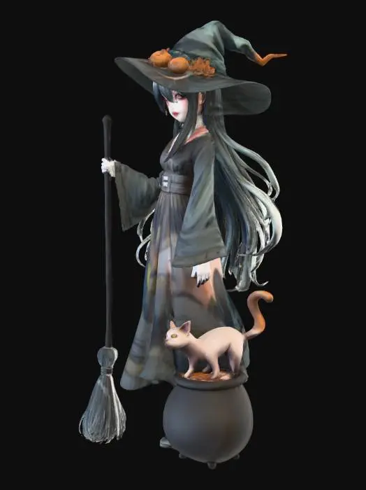 3D model for 3D anime style witch character. She is very beautiful, standing upright, holding a broom in one hand. Beside her is a bubbling cauldron. A fluffy black cat with bright orange eyes is perched on her shoulder. She wears a dark, elegant witch hat decorated with small pumpkins and autumn leaves, and her long dark hair flows around her shoulders. Her expression is captivating and slightly mysterious. Realistic anime rendering.