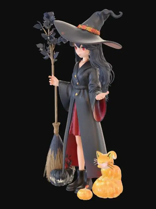 3D model for 3D anime style adult witch character. She is very beautiful, standing upright, holding a broom in one hand. Beside her is a bubbling cauldron. A fluffy black cat with bright orange eyes is perched on her shoulder. She wears a dark, elegant witch hat decorated with small pumpkins and autumn leaves, and her long dark hair flows around her shoulders. Her expression is captivating and slightly mysterious. Realistic anime rendering.