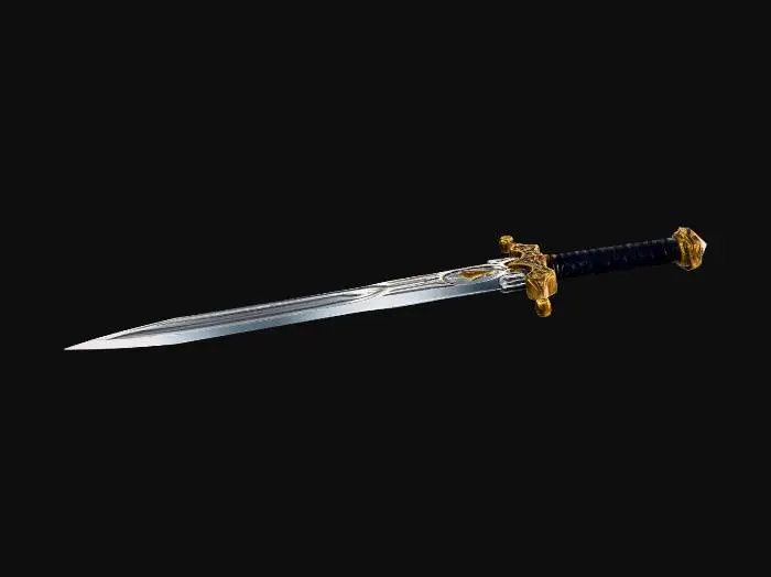3D model for Create a stylized 3D knights weapon with gold accents Use high-quality lighting and ultra-high resolution textures with PBR materials for metal, leather. Focus on sharpness detailing, smooth edges, and a clean game-ready blade.