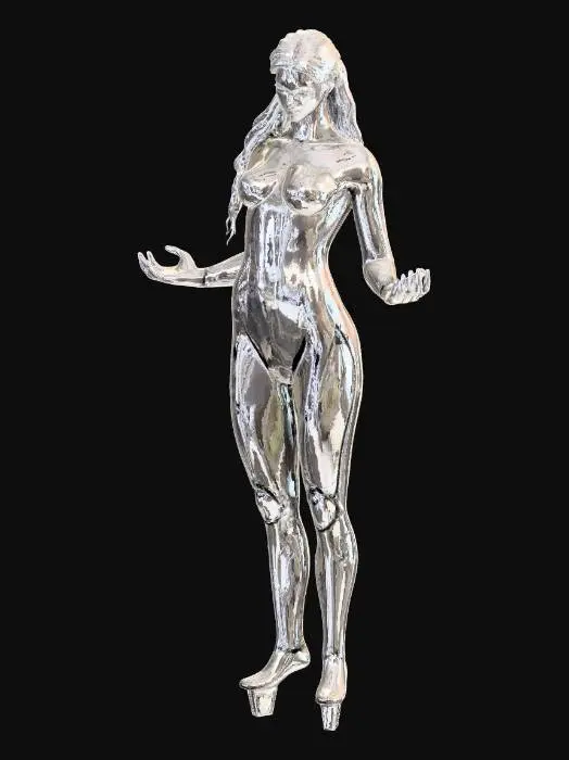 3D model for A fully original modern human female statue named Nevaeh, designed as a maintained vessel within a system, not a mythological or religious figure. Full body, realistic human proportions, grounded anatomy, subtle forward posture with uneven weight distribution.
Arms are raised only slightly above shoulder level, elbows bent naturally, hands relaxed and open. The pose is passive and suspended, but clearly human and mechanical in cause, not spiritual, not symbolic, not ritualistic.
From the upper back and shoulders extend thin, translucent tension filaments resembling fractured glass fibers or fiber-optic strands. These strands pull upward into empty space as if controlled by an unseen mechanism. They are straight, minimal, and structural — not decorative, not wing-shaped, not organic.