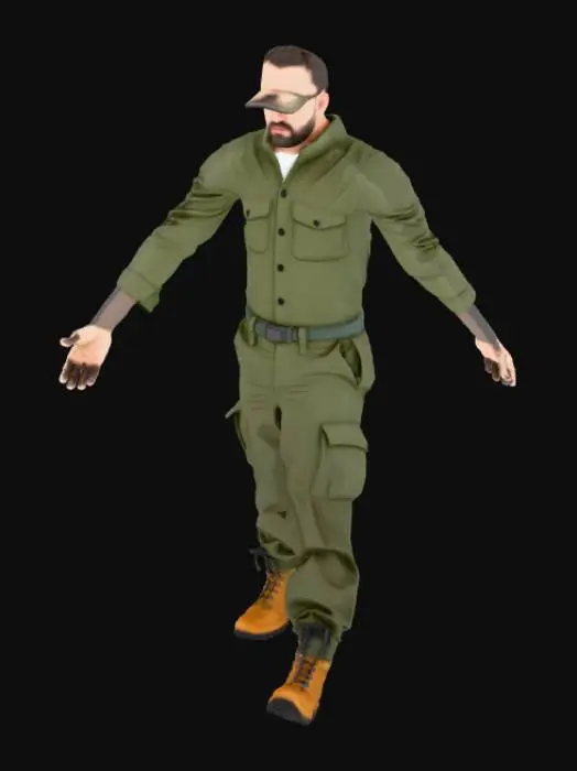 3D model for Male soldier. Athletic build. Short military-style hair. Clean face. No gear, no accessories, no watch, no belt, no patches, no armor. Plain green short-sleeve shirt with no patterns. Standard military cargo pants in woodland tones. Brown combat boots. Neutral expression. Standing in strict T-pose. Full-body 3D model. Neutral lighting. No weapons, no props, no background elements.